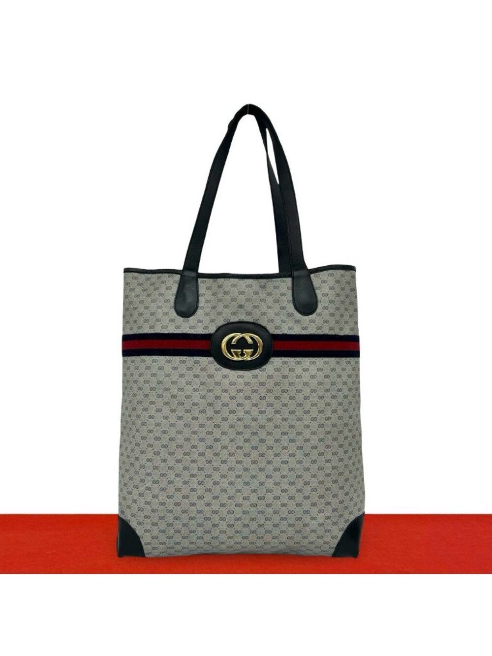 Gucci Vintage Sherry Line Micro GG Logo Pattern Leather Tote Shoulder Bag Navy